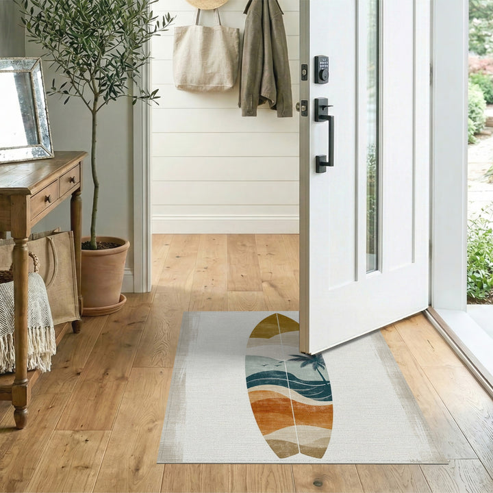 Coastal Surfboard Palm Tree Area Rug