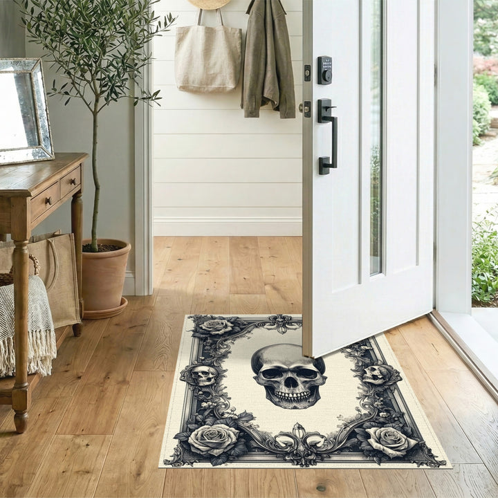 Distressed Vintage Skull Roses Black White Area Rug