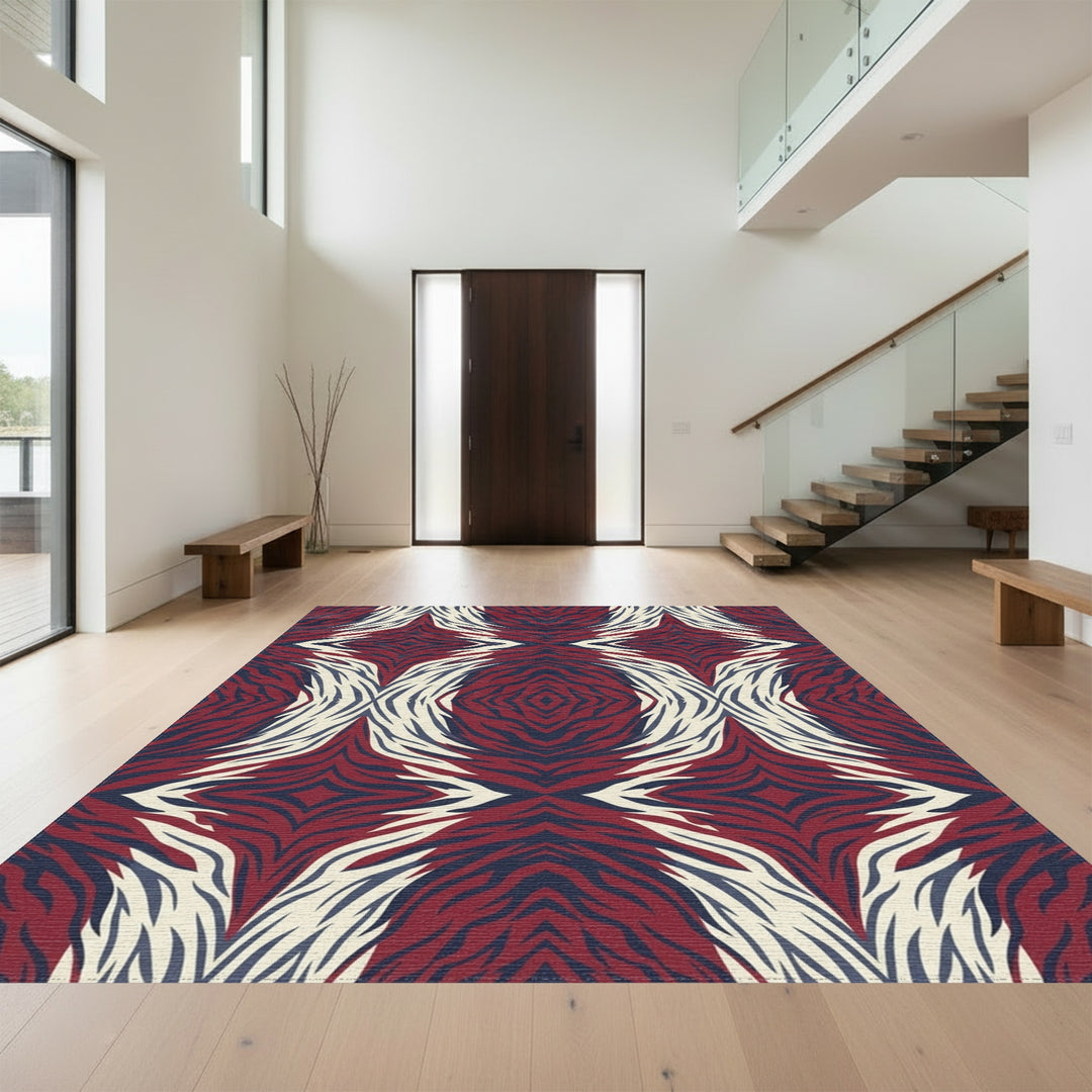 Deep Red Blue White Zebra Stripes Rug