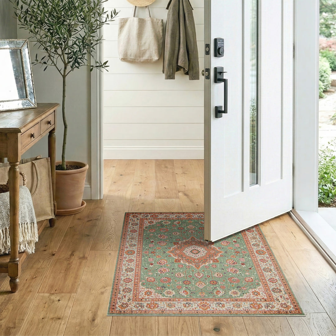 Green Persian Floral Medallion Traditional Persian Area Rug