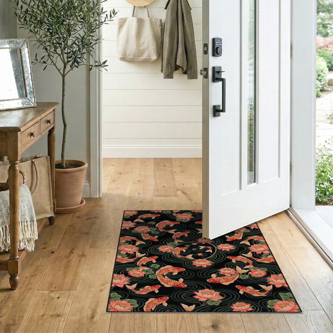 Koi Fish Lotus Black Area Rug
