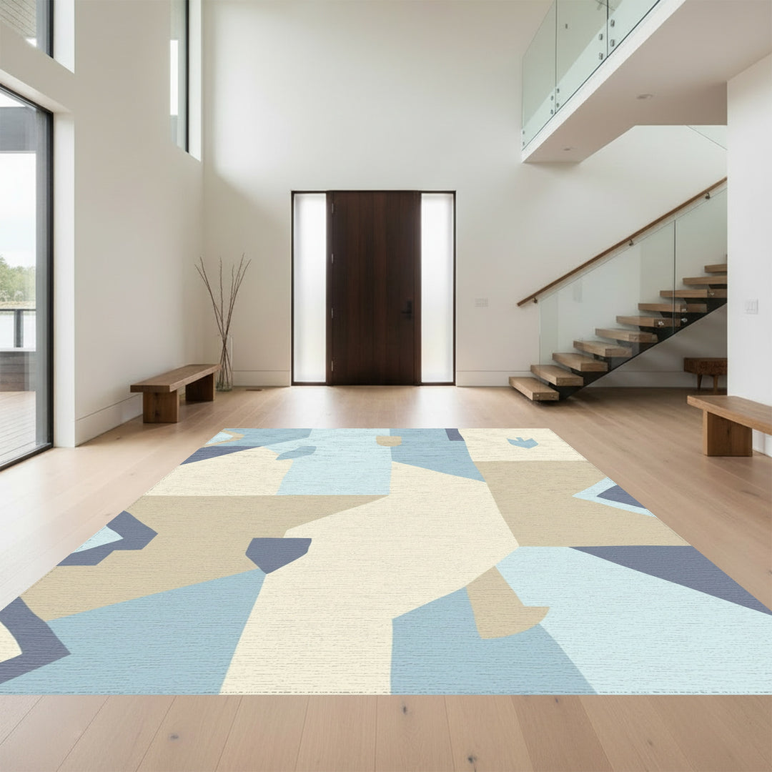 Soft Blue Tan Abstract Collage Rug