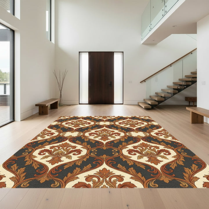Vintage Ochre Scrollwork Damask Rug