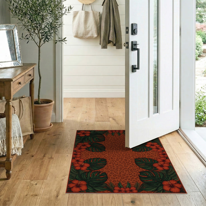 Red Hibiscus Leopard Print Area Rug