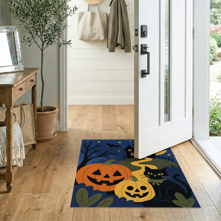 Halloween Black Cat and Pumpkins Area Rug