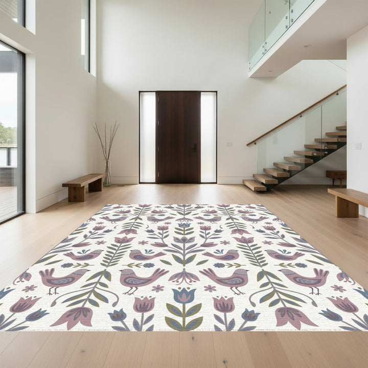 Lavender Garden Birds Folk Art Rug