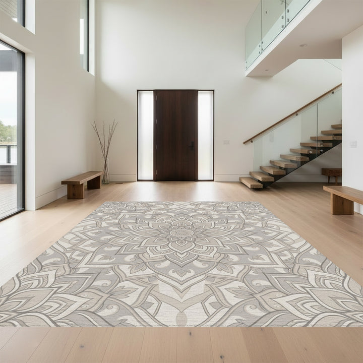 Neutral Gray Ornamental Lotus Rug