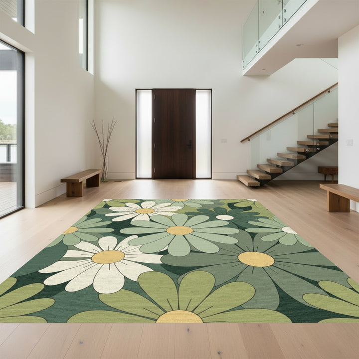 Retro Daisy Meadow Green Floral Rug