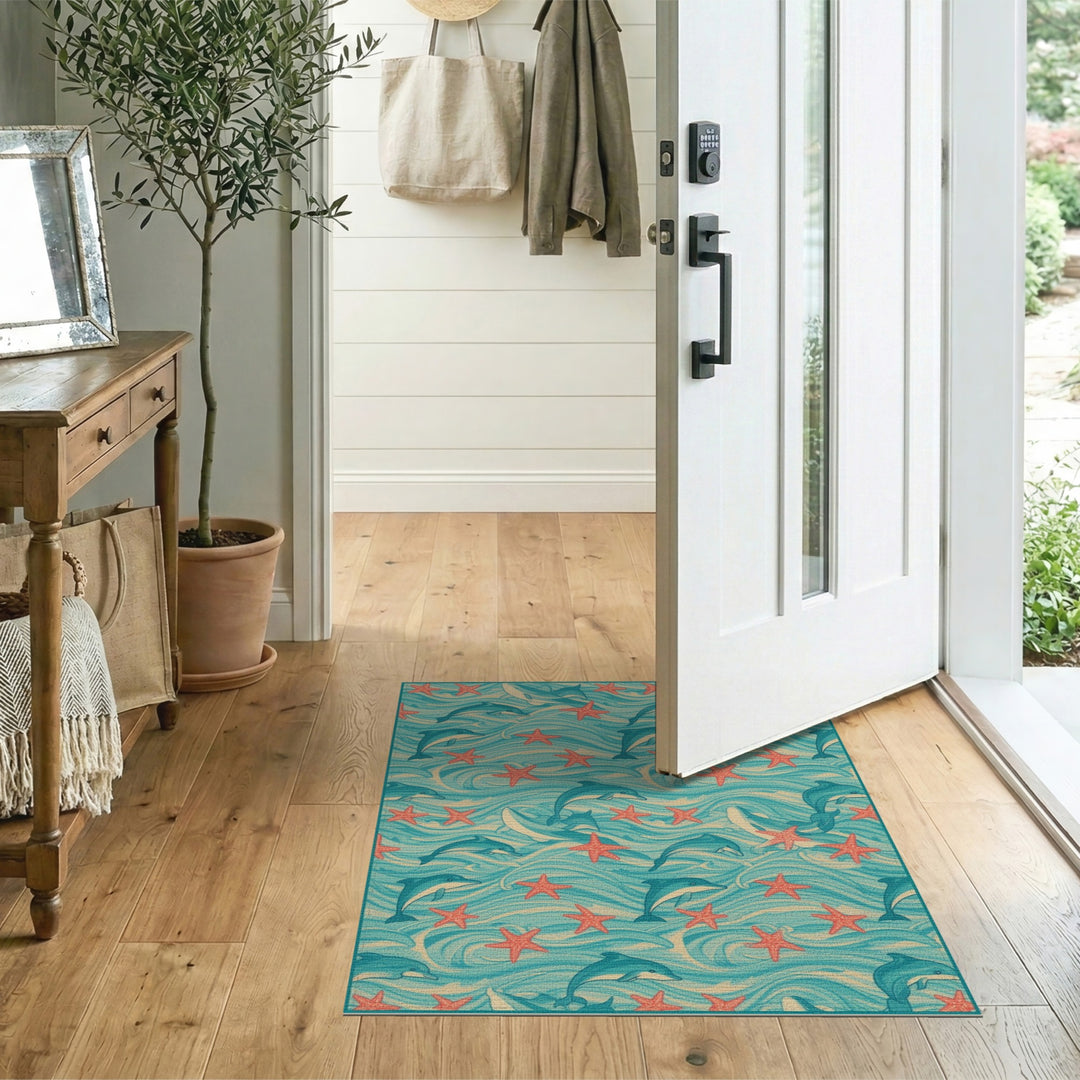 Dolphin Starfish Blue Teal Coastal Area Rug
