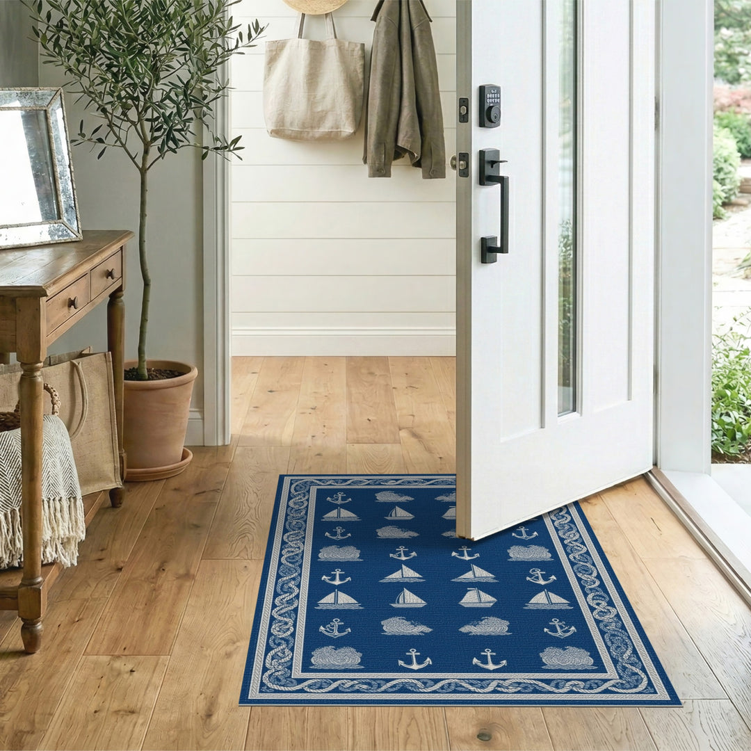 Nautical Blue Anchor Sailboat Area Rug