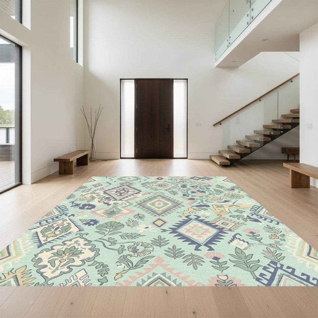 Pale Teal Tribal Diamond Floral Rug