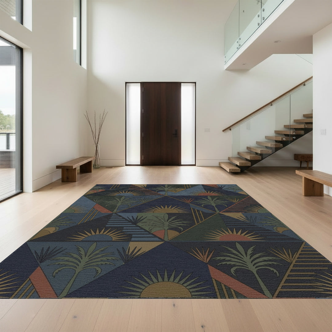 Geometric Sunrise Palm Tree Blues Rug
