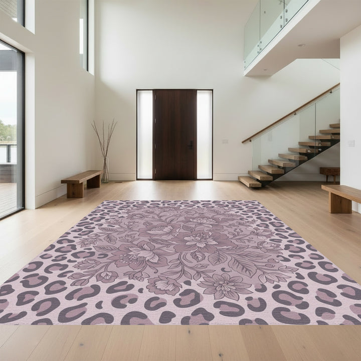 Mauve Floral Leopard Round Rug