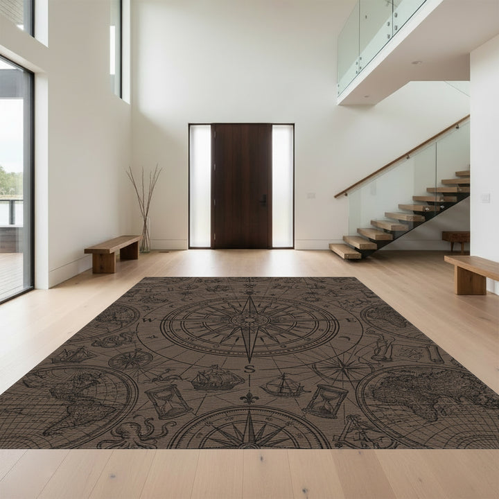 Vintage Nautical Compass World Map Rug