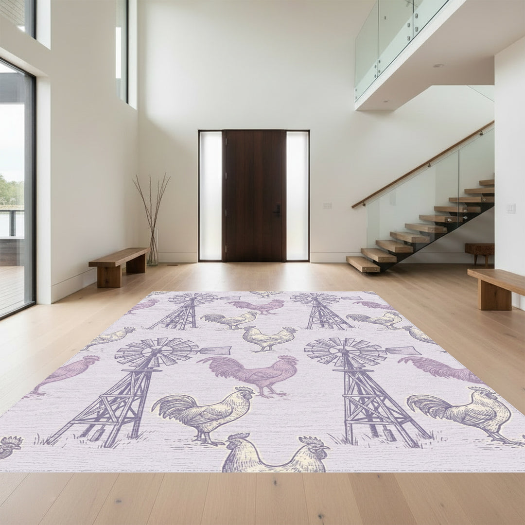 Farmhouse Lilac Rooster Windmill Illustration Rug