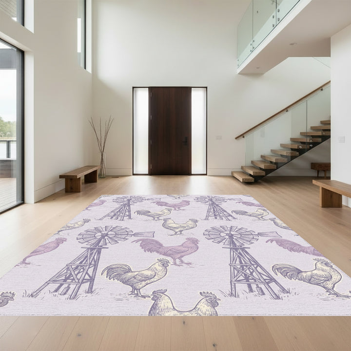 Farmhouse Lilac Rooster Windmill Illustration Rug