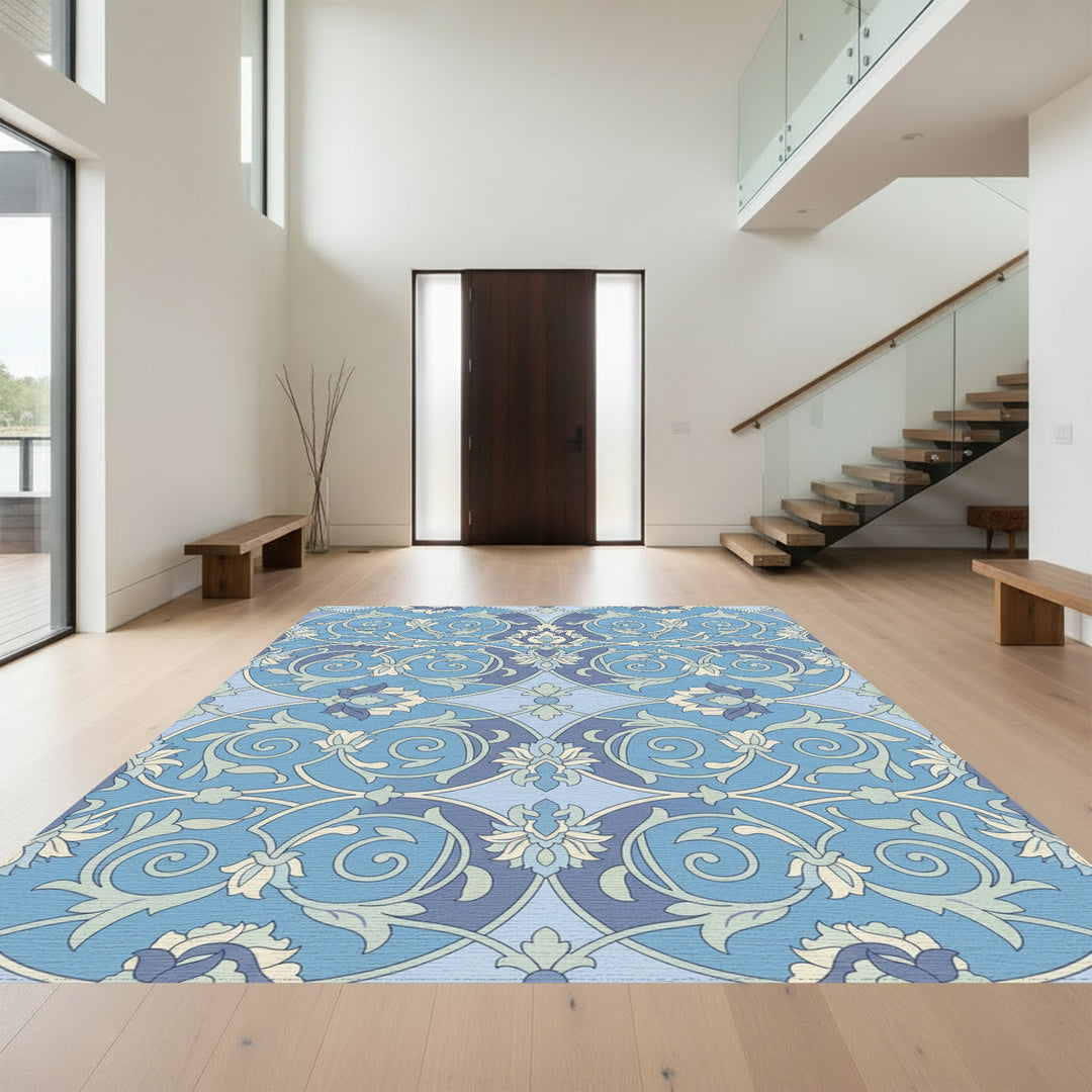 Serene Blue Floral Scroll Medallion Rug
