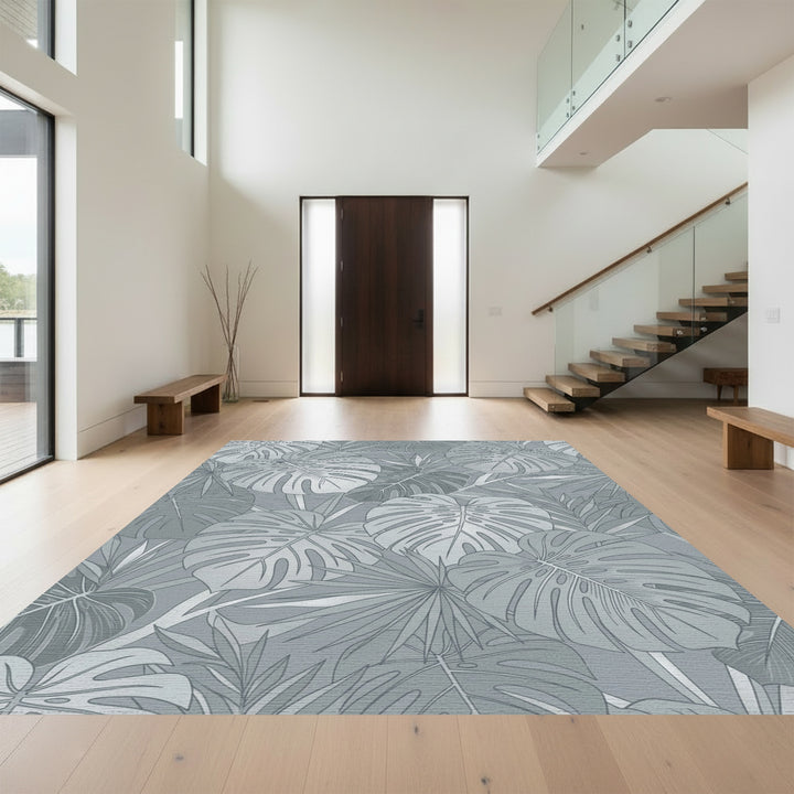 Monstera Palmetto Leaf Gray Rug