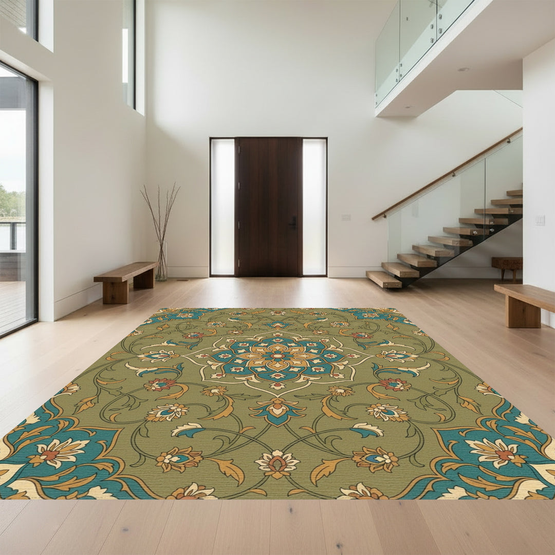 Khaki Floral Medallion In Teal Gold Rug