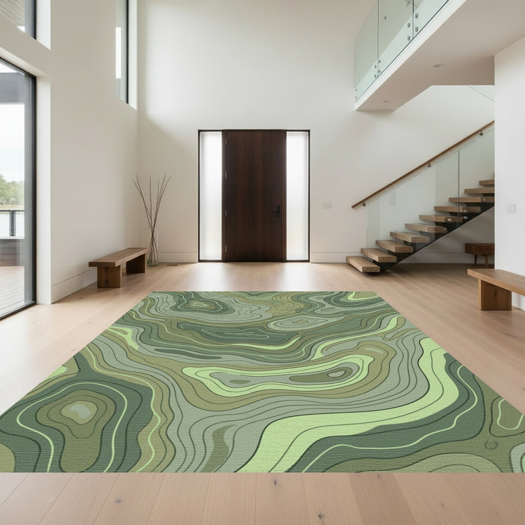Earthy Green Contour Topographic Lines Rug