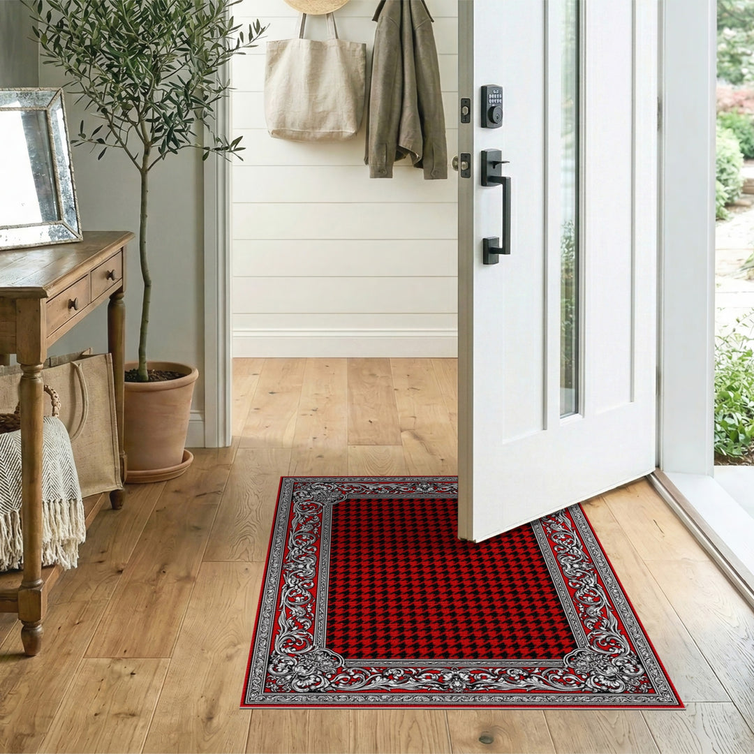 Red Houndstooth Ornate Border Area Rug