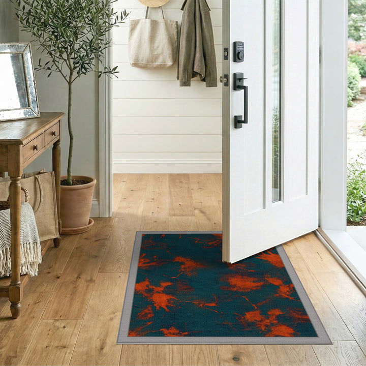 Blue Teal Abstract Orange Splatter Area Rug