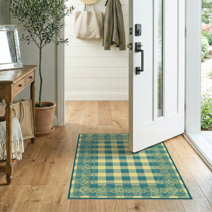 Teal Floral Gingham Washable Area Rug
