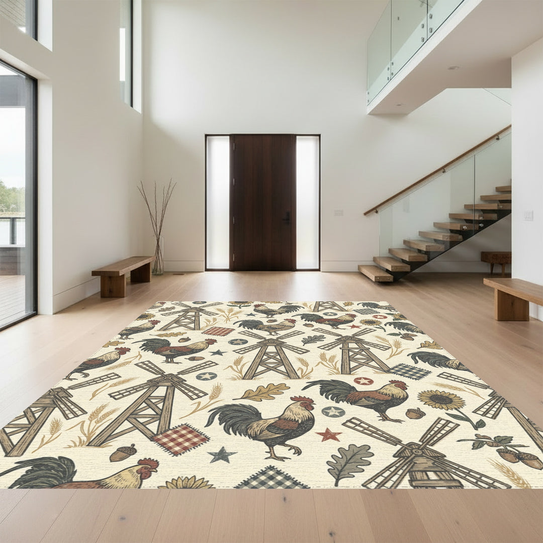 Farmhouse Rooster Windmill Sunflower Acorn Rug