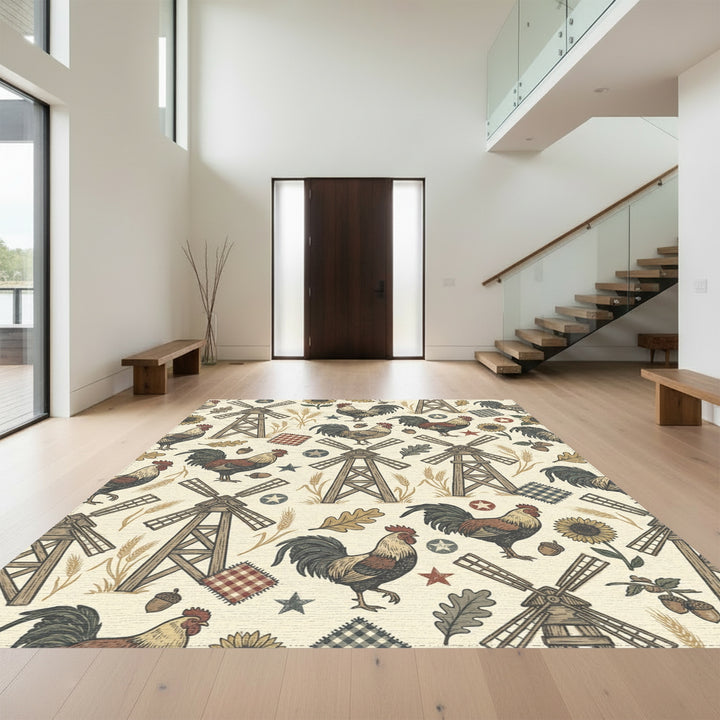 Farmhouse Rooster Windmill Sunflower Acorn Rug