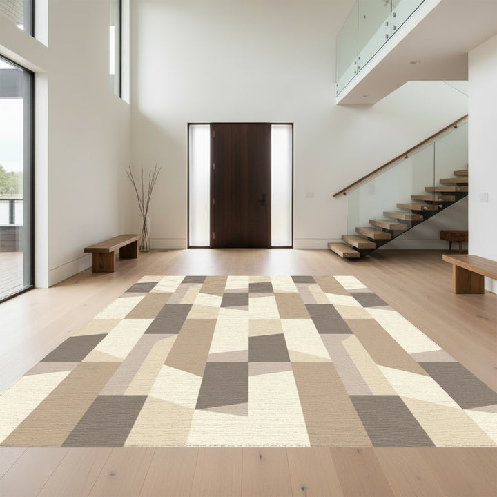 Geometric Beige Wood Block Facade Rug