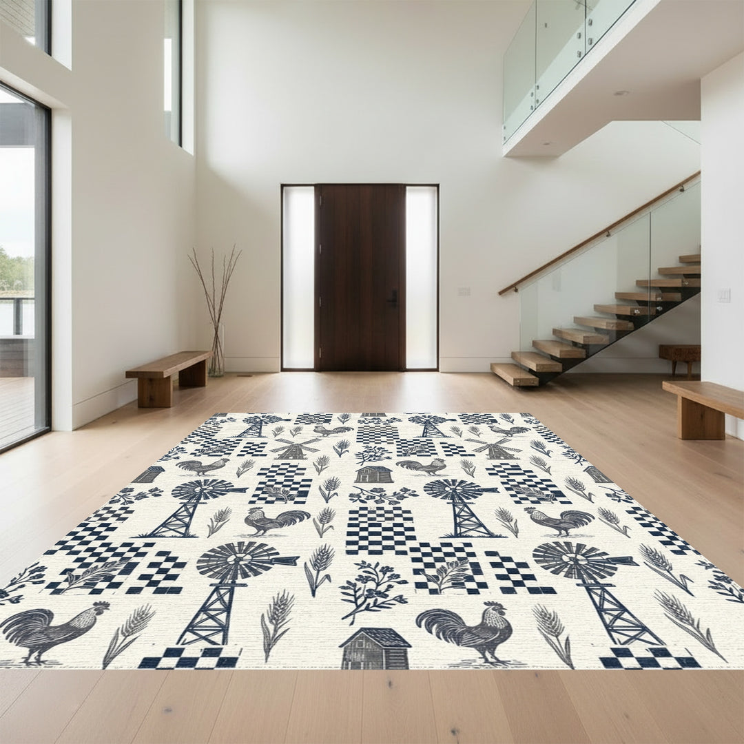 Farmhouse Rooster Windmill Checkered Arrangement Rug