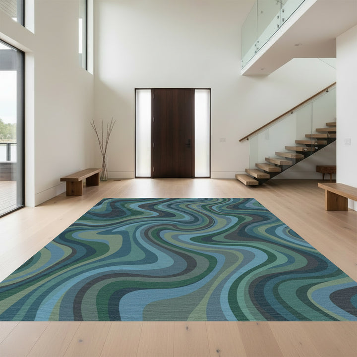 Abstract Swirl Blue Green Waves Rug