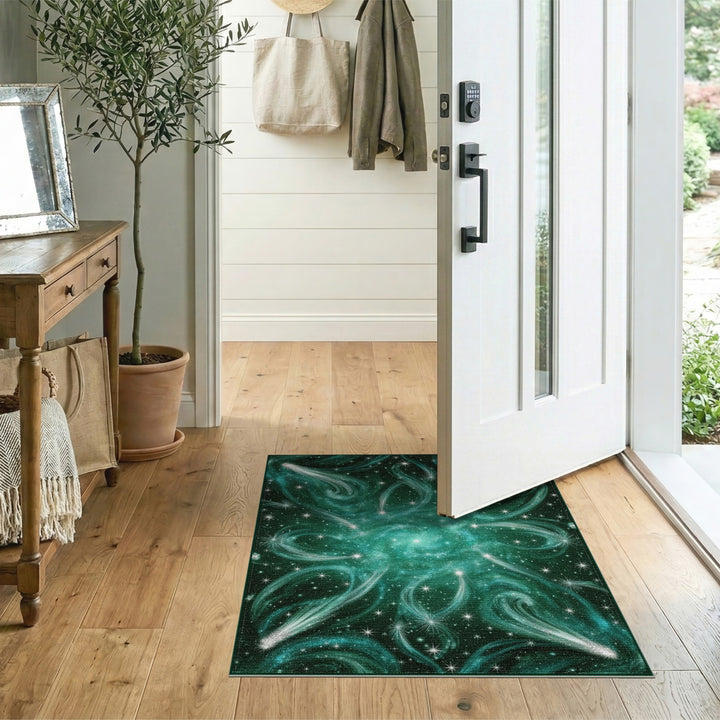 Starry Teal Nebula Washable Area Rug