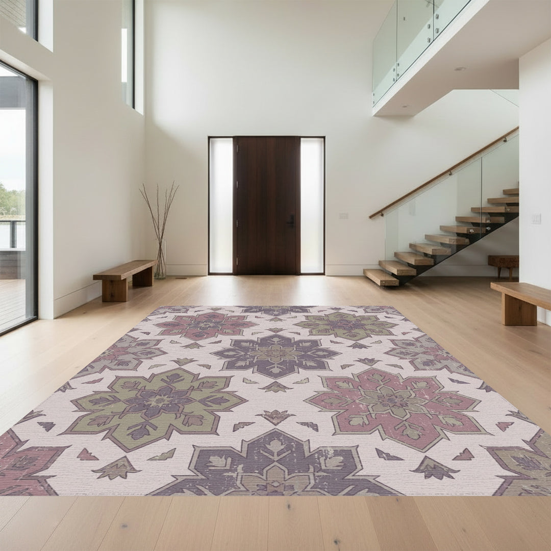 Distressed Floral Medallion Purple Green Rug