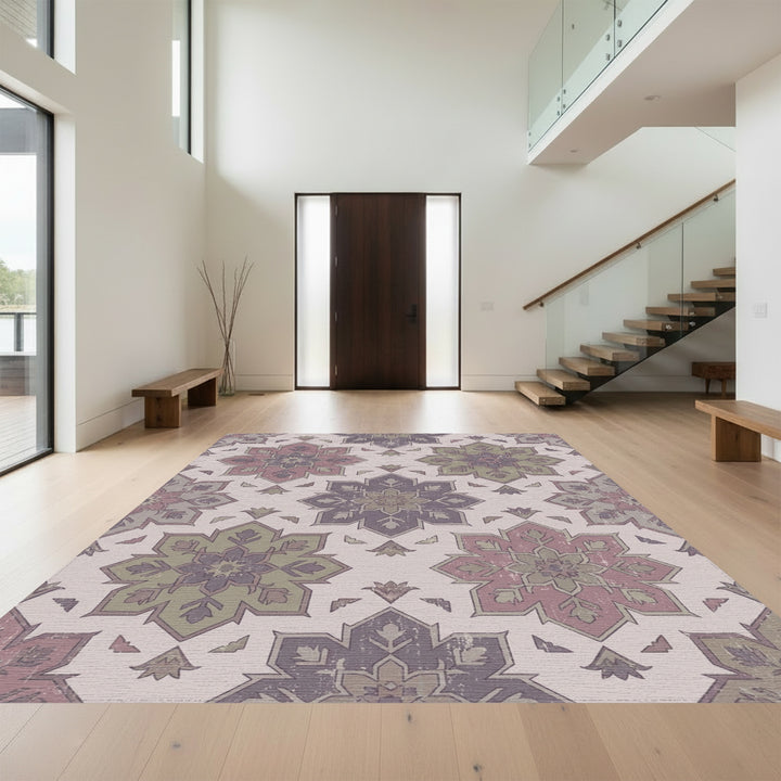 Distressed Floral Medallion Purple Green Rug