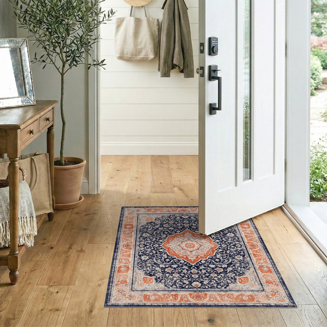 Traditional Persian Navy Orange Medallion Persian Area Rug