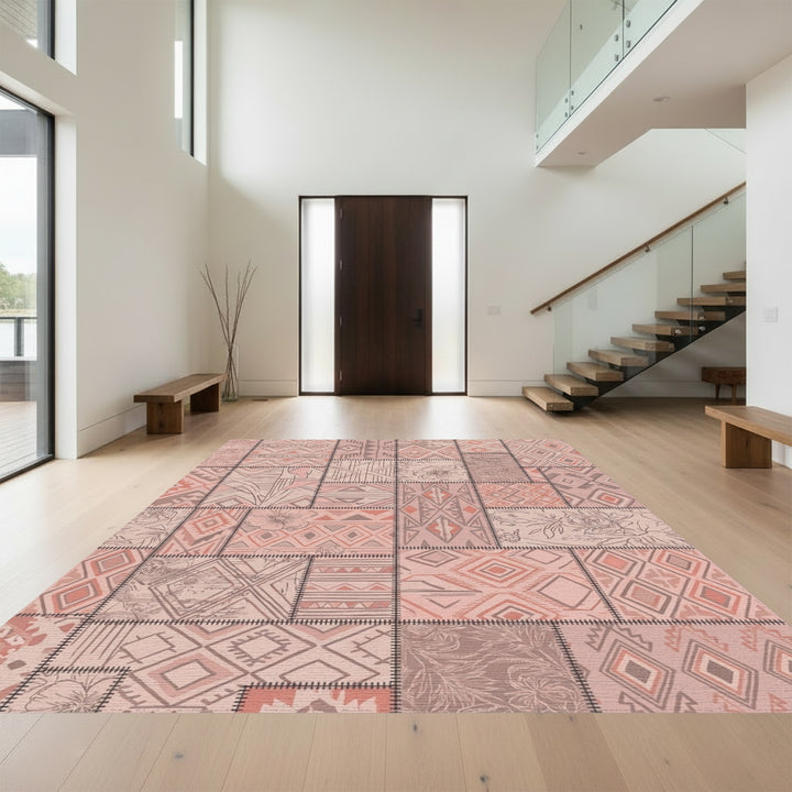Muted Pink Patchwork Geometric Floral Rug