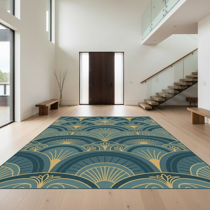 Art Deco Teal Gold Sunburst Waves Rug