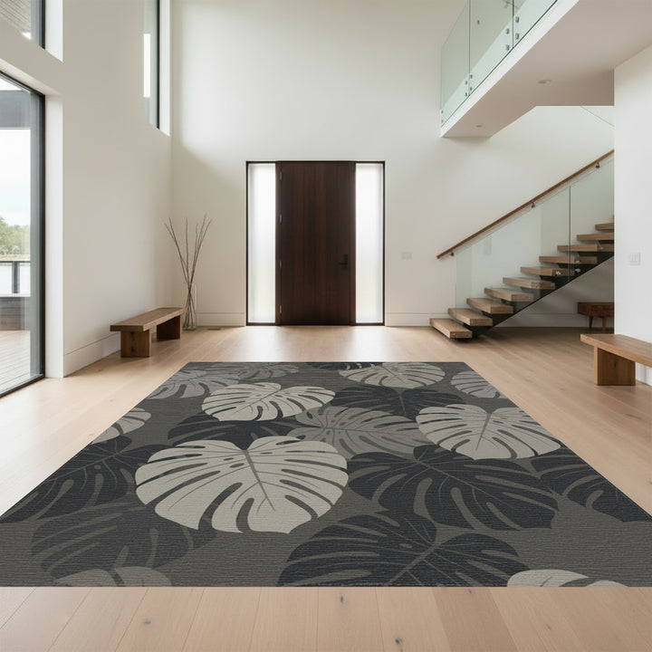 Monstera Leaf Slate Gray Tropical Rug