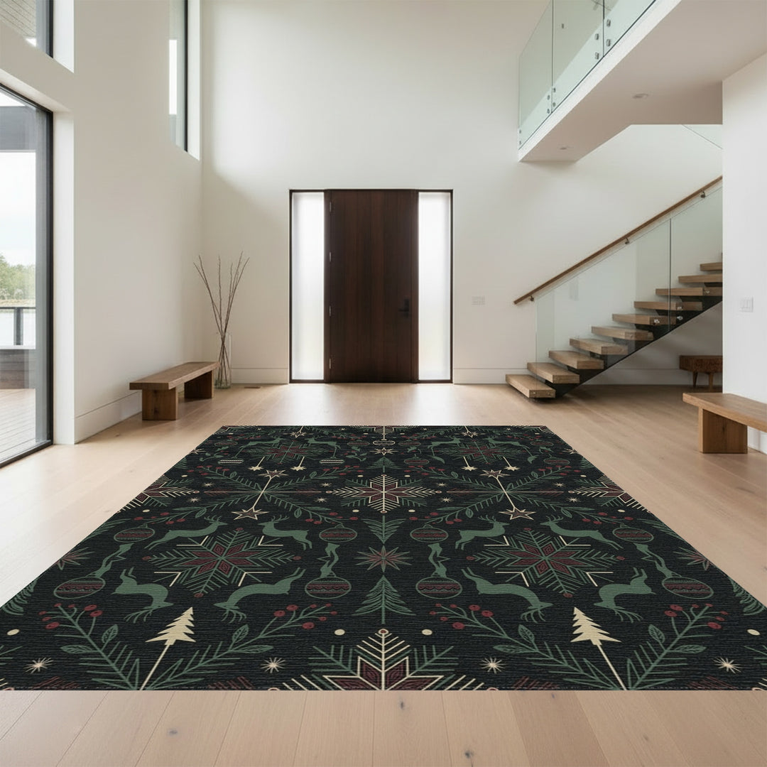 Deep Green Red Reindeer Ornaments Stars Rug