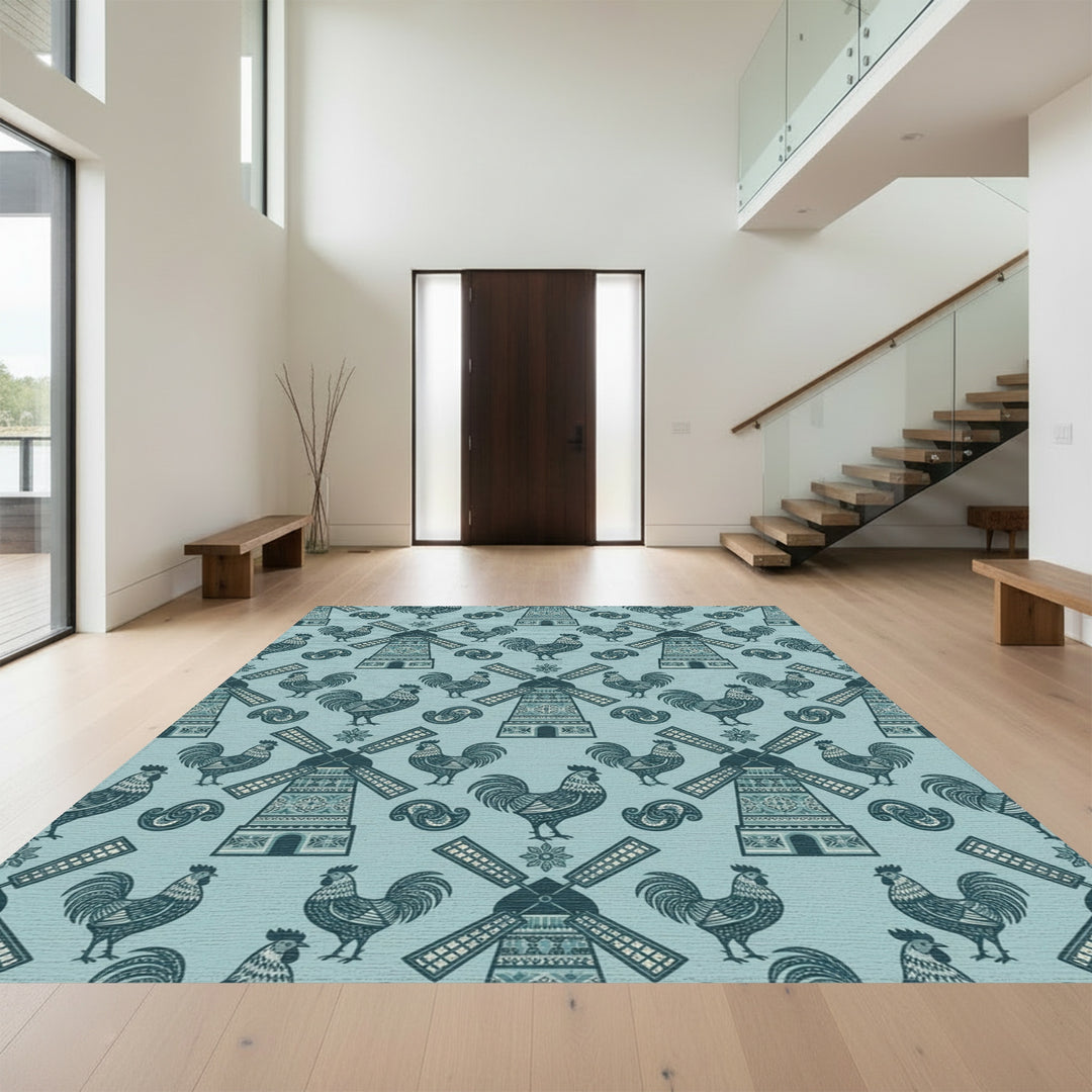 Teal Rooster Windmill Folk Art Rug