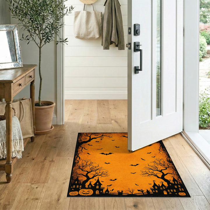 Halloween Bats Haunted House Orange Area Rug