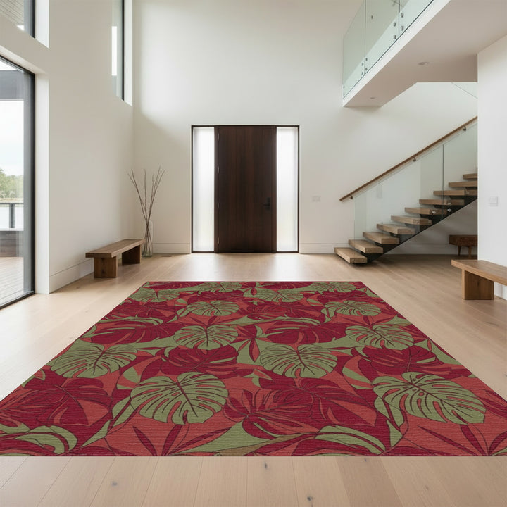 Rich Crimson Tropical Monstera Leaves Rug