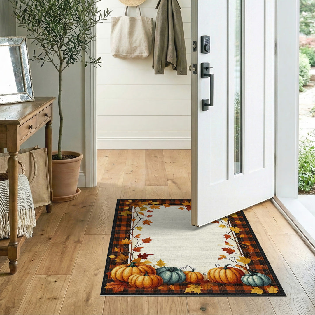 Autumn Pumpkin Plaid Washable Area Rug