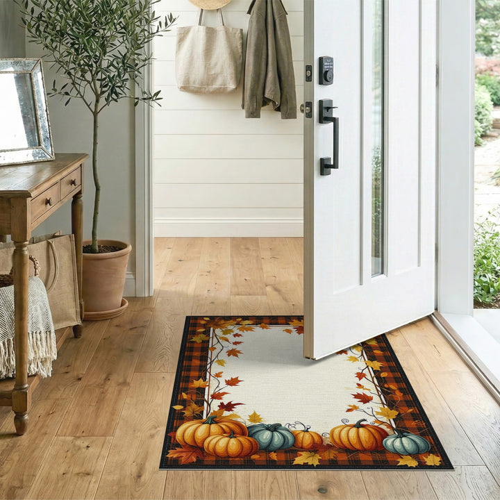 Autumn Pumpkin Plaid Washable Area Rug