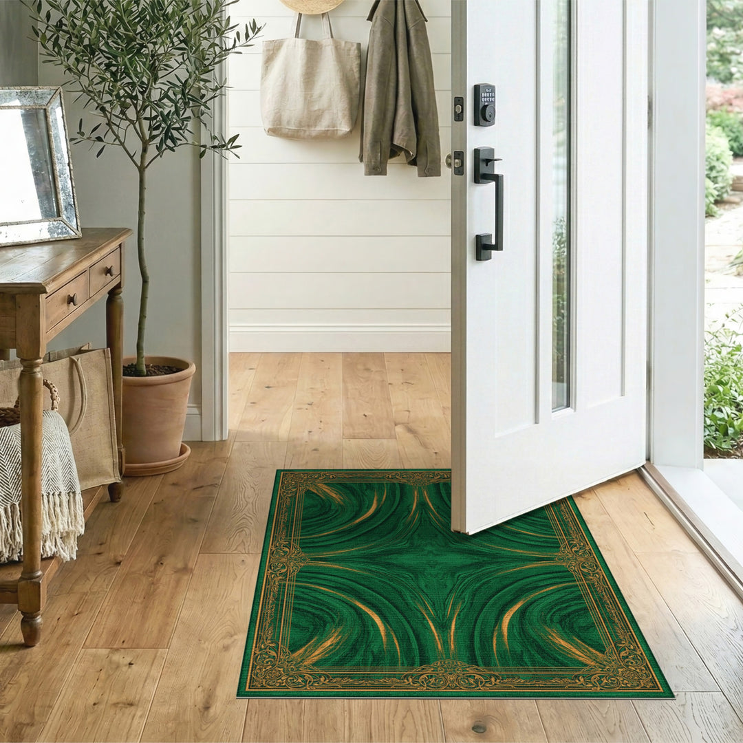 Green Marble Swirl Area Rug with Gold Ornate Border