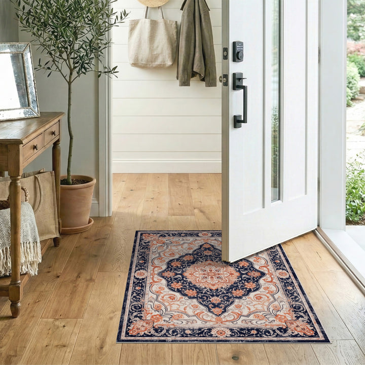 Navy Blue Coral Persian Medallion Area Rug