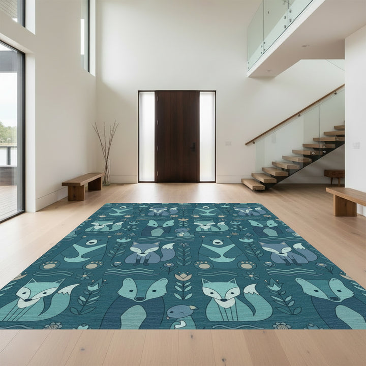 Teal Forest Animals Woodland Whimsical Rug