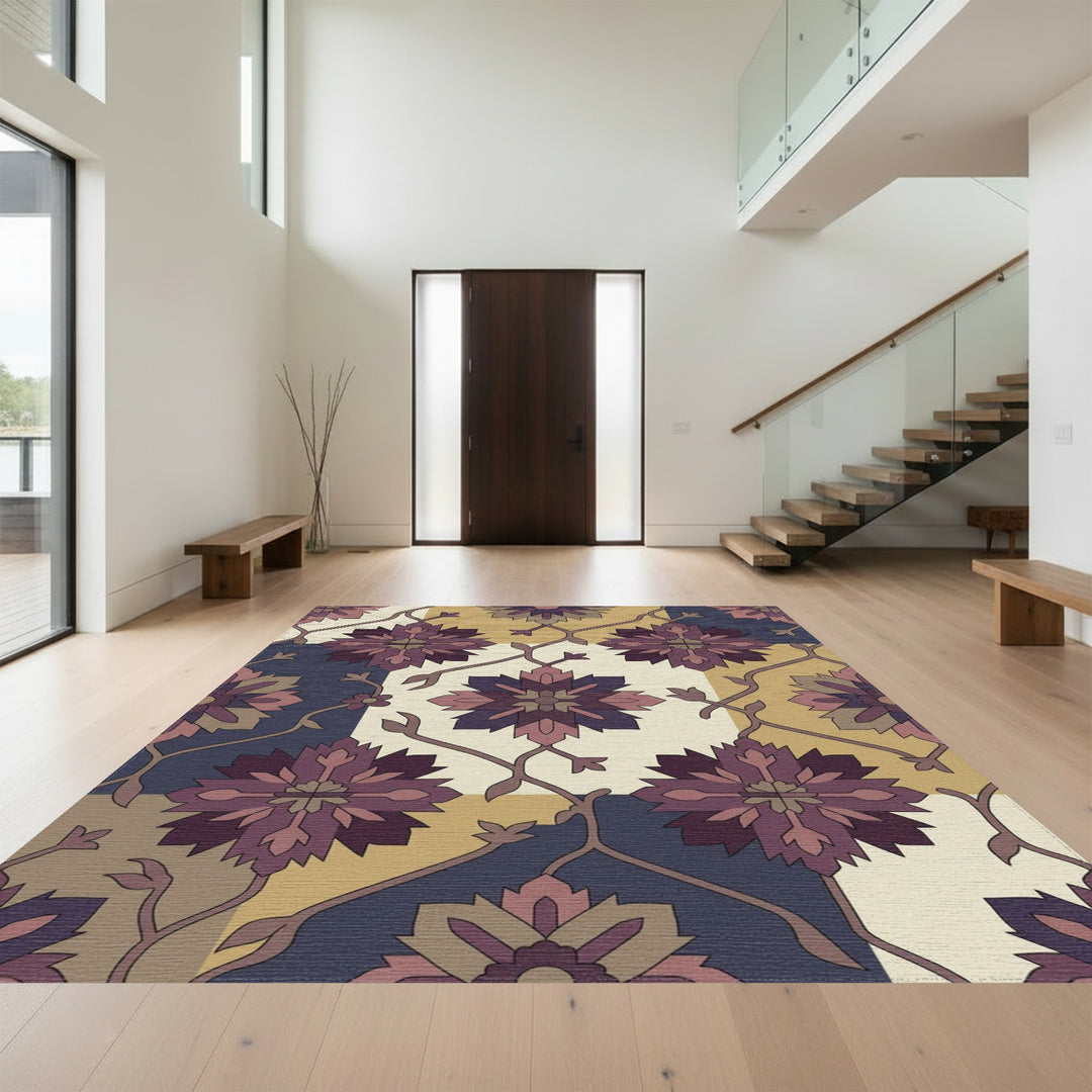 Plum And Gold Floral Tiles Rug