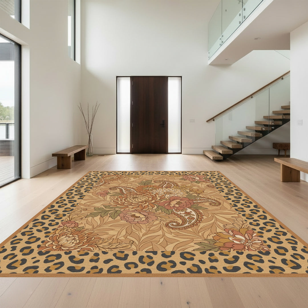 Earthy Floral Paisley Leopard Border Rug